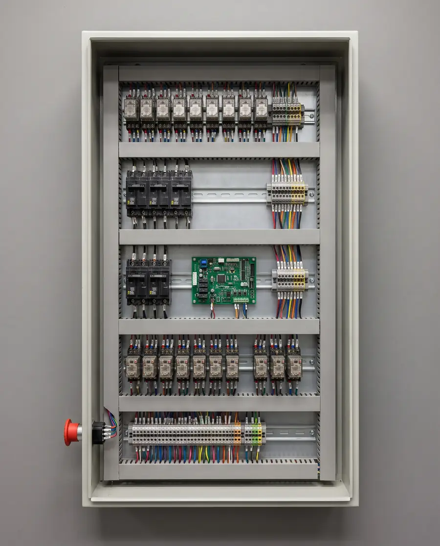 Quadro di manovra aperto, con relè, interruttori, morsettiere e cablaggi numerati